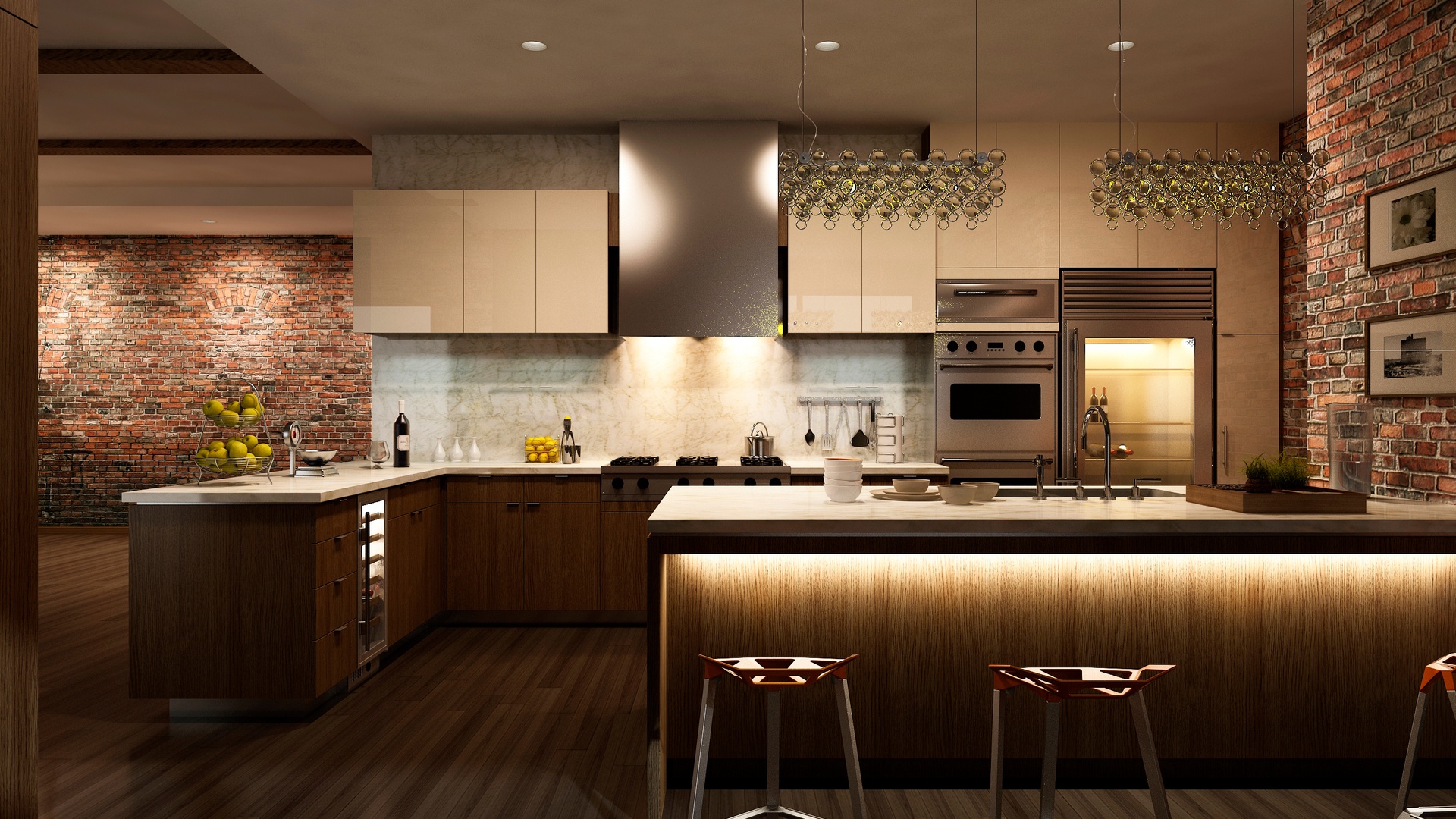 A dimly lit residential kitchen with two wide brick walls. The kitchen counter has bright underlighting.