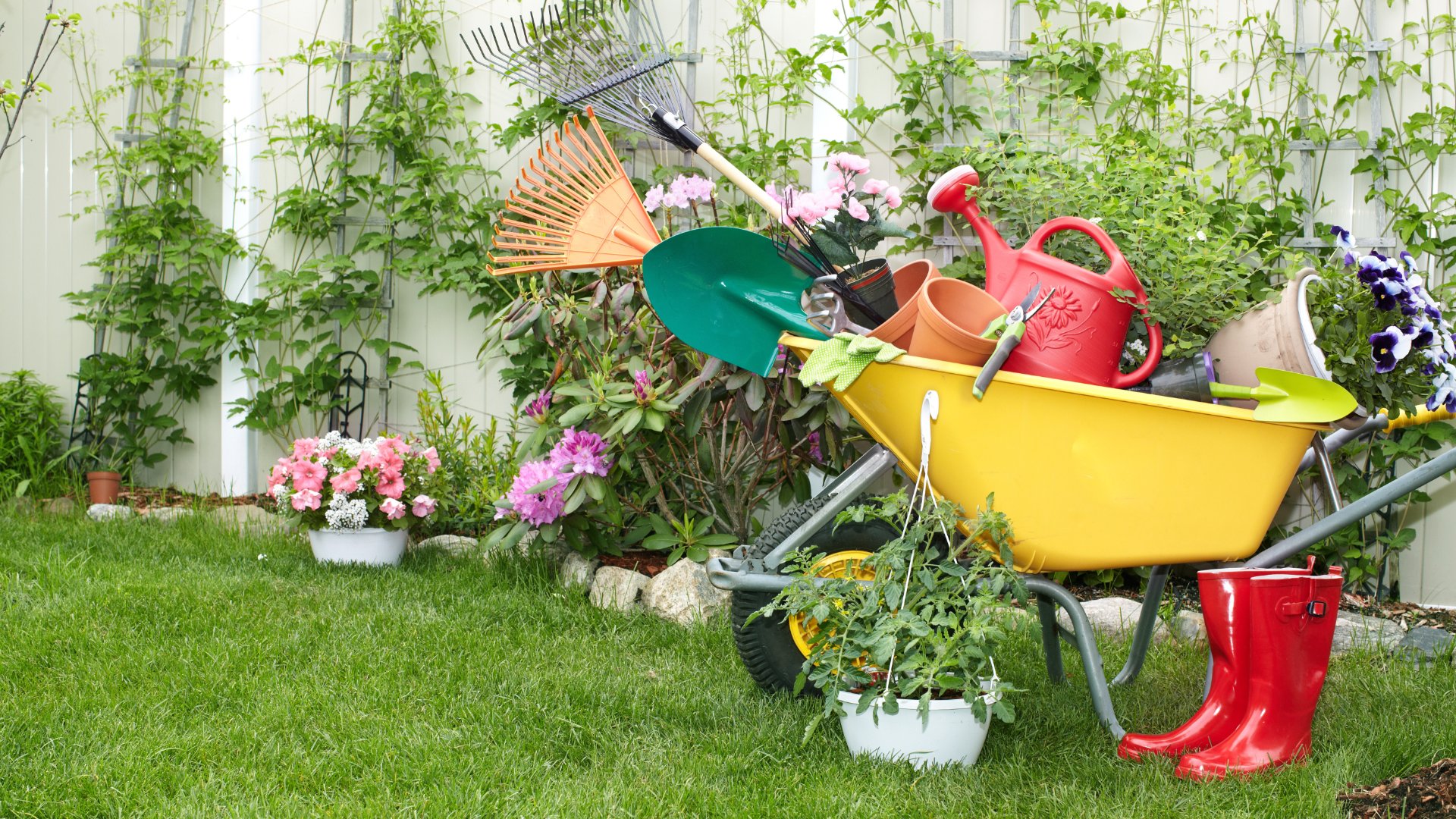 A yellow wheelbarrow filled with garden tools, flowerpots, and a red watering can beside flowers and red boots.