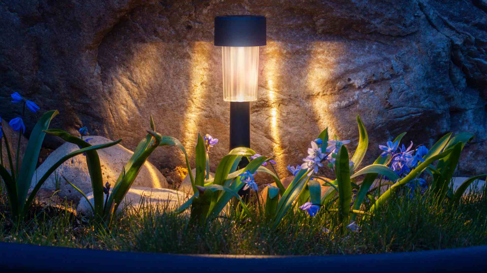 A solar lamp shines in a garden while plants, grass, and rocks of various different sizes surround it.