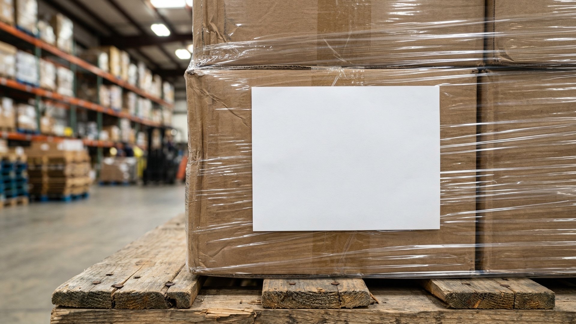 A close-up of a wooden pallet in a warehouse with a stack of cardboard boxes shrink-wrapped with a blank label.