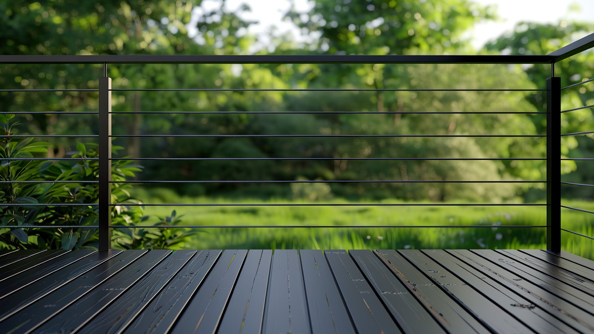 Black aluminum posts are held together by cable wires, creating a fence on top of a black-colored wooden deck.