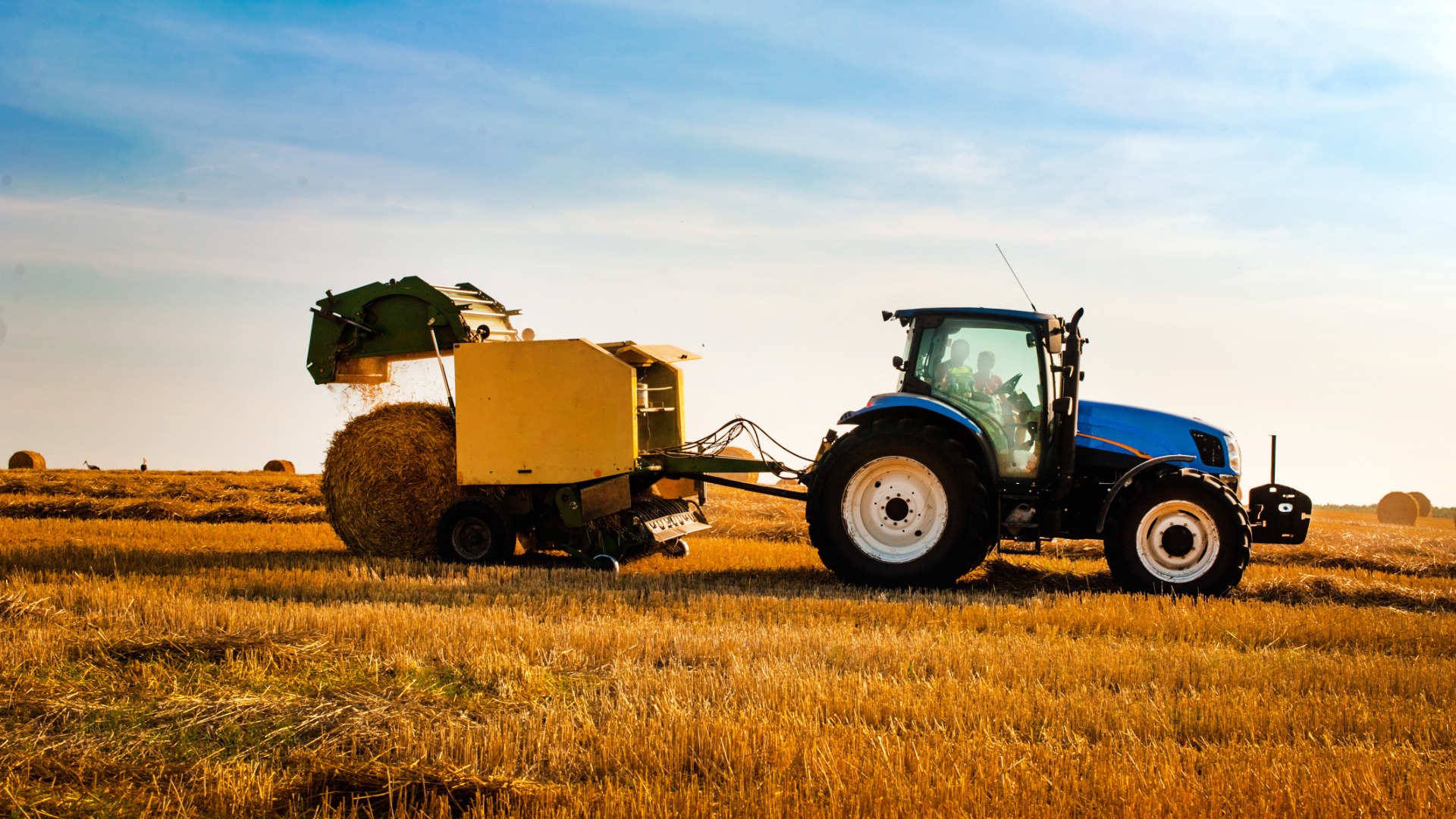 A side view of a blue farming tractor towing a yellow round hay baler depositing a round hay bale in a field.