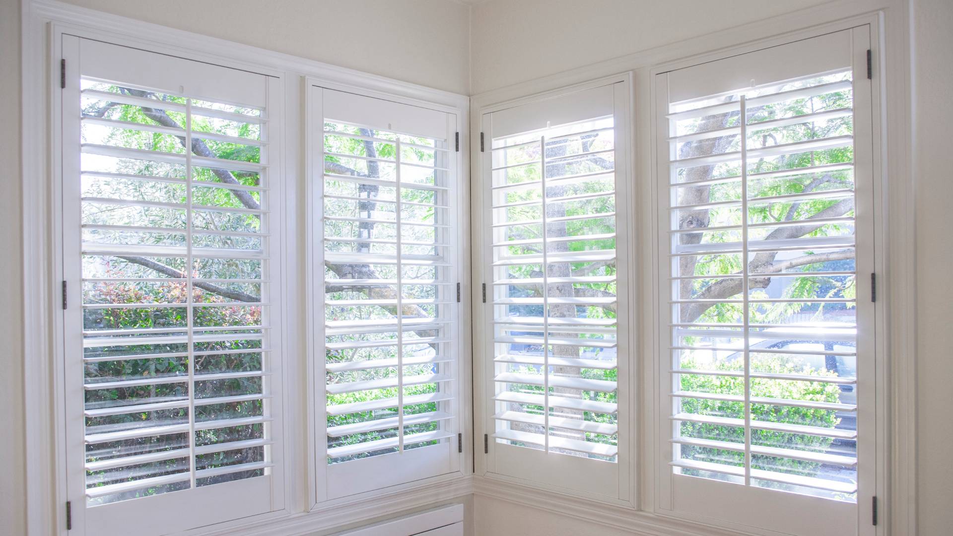 A close-up view out the window through the shutters. The shutters are inside of a residential building.