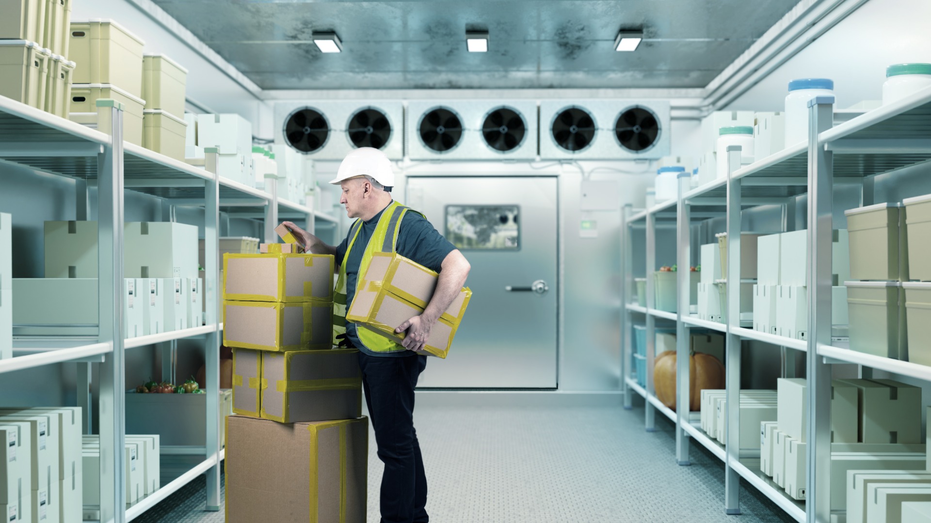 A man wearing a safety vest and a hard hat has a cardboard box tucked under his arm while inspecting more boxes.