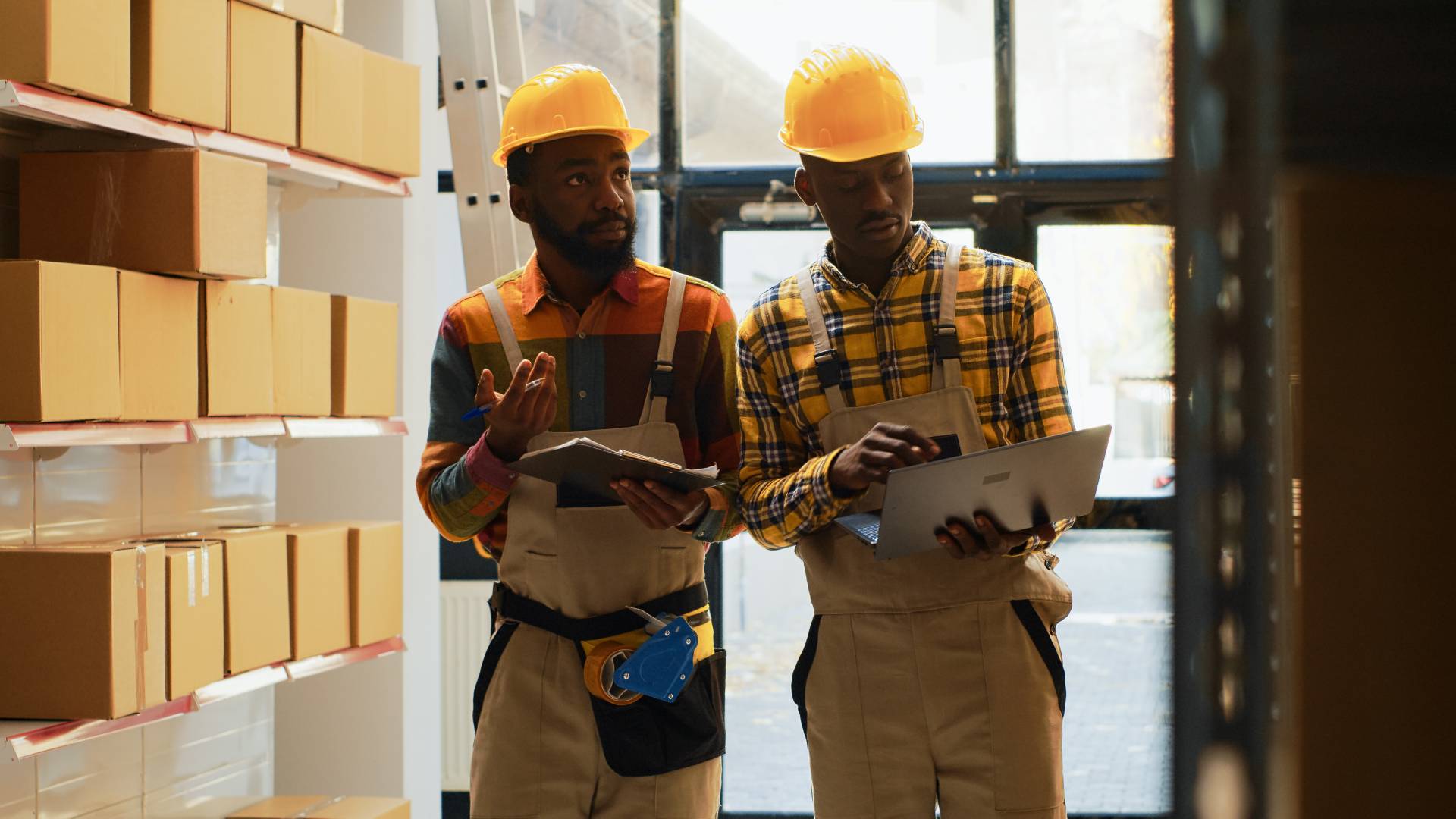 Two workers with clipboards standing in a storage area in a warehouse with organized boxes on shelves.
