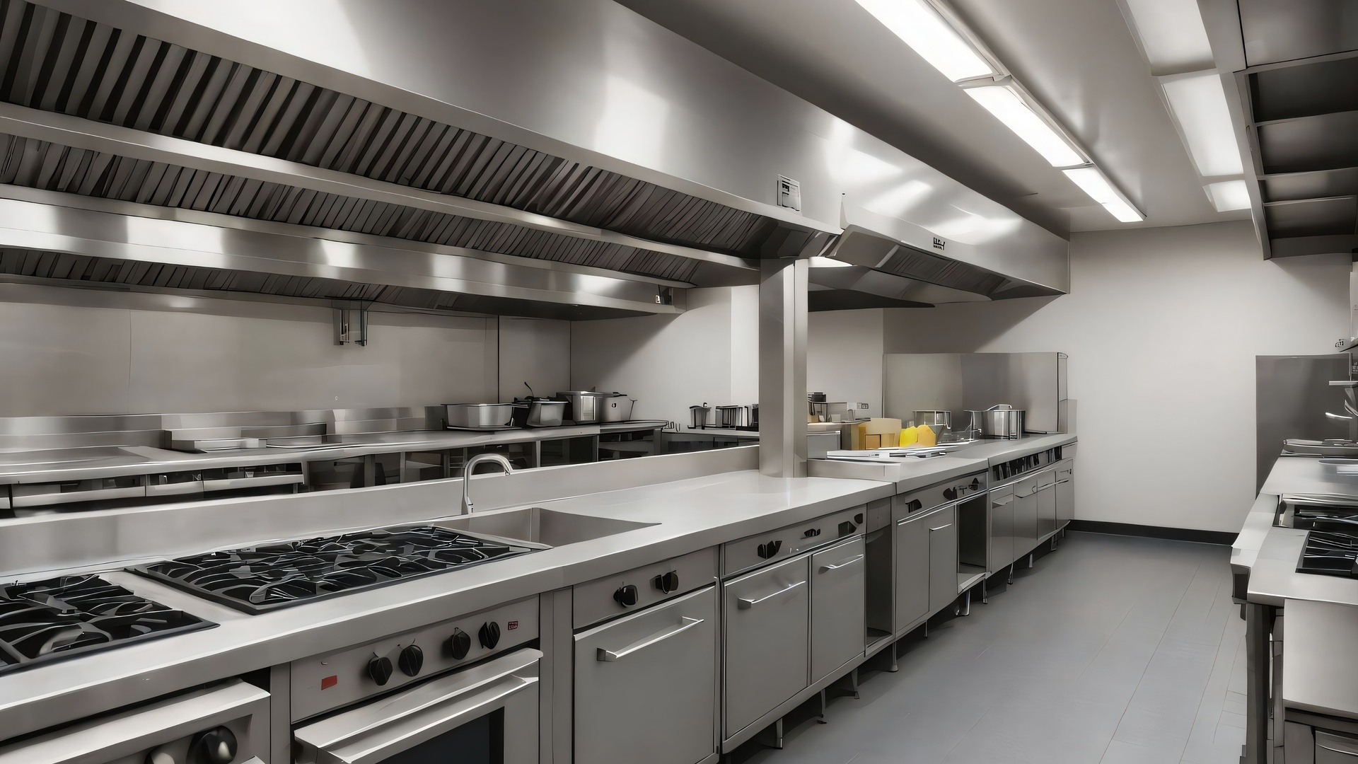 An empty commercial stainless steel kitchen interior. The kitchen is equipped with an oven, exhaust, and sinks.