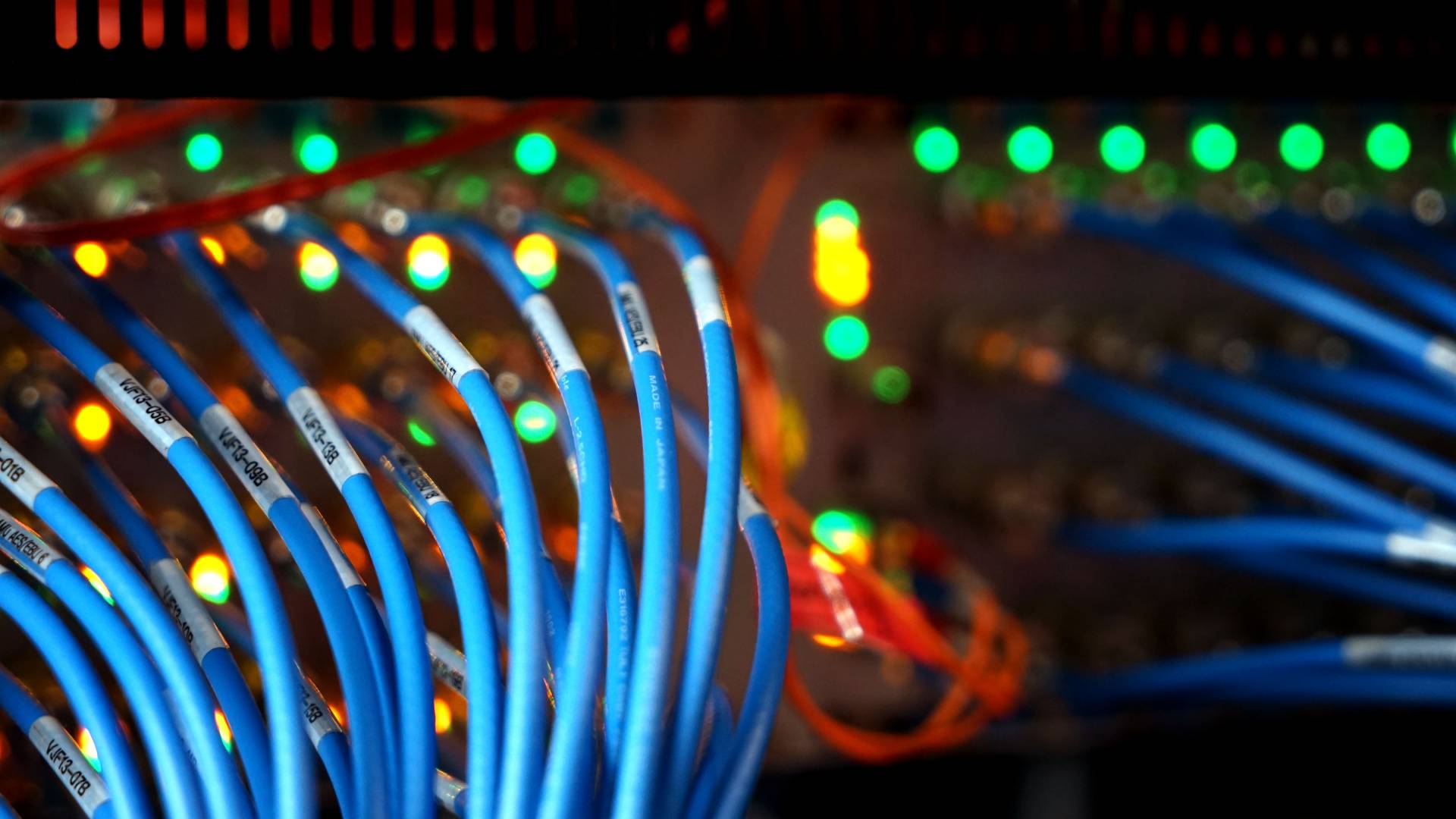 A focused view of various blue industrial wires with transparent label wraps plugged into various glowing terminals.