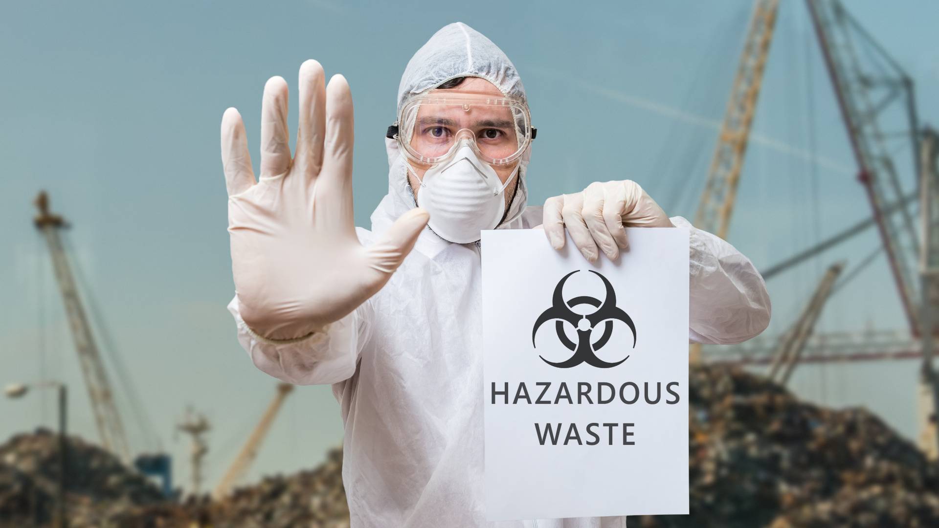 A man in coveralls wearing a protective mask stands in front of a landfill, holding a sign that says "Hazardous Waste."