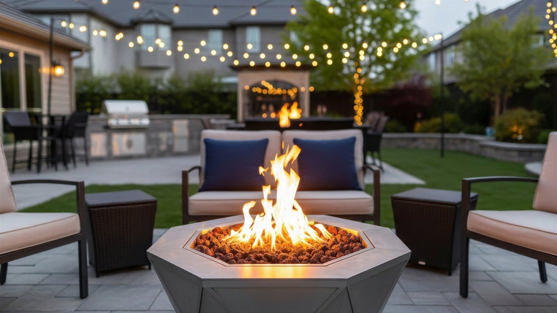 A stone fire pit burning with cushioned chairs surrounding it. There are also string lights and a grill further behind it.