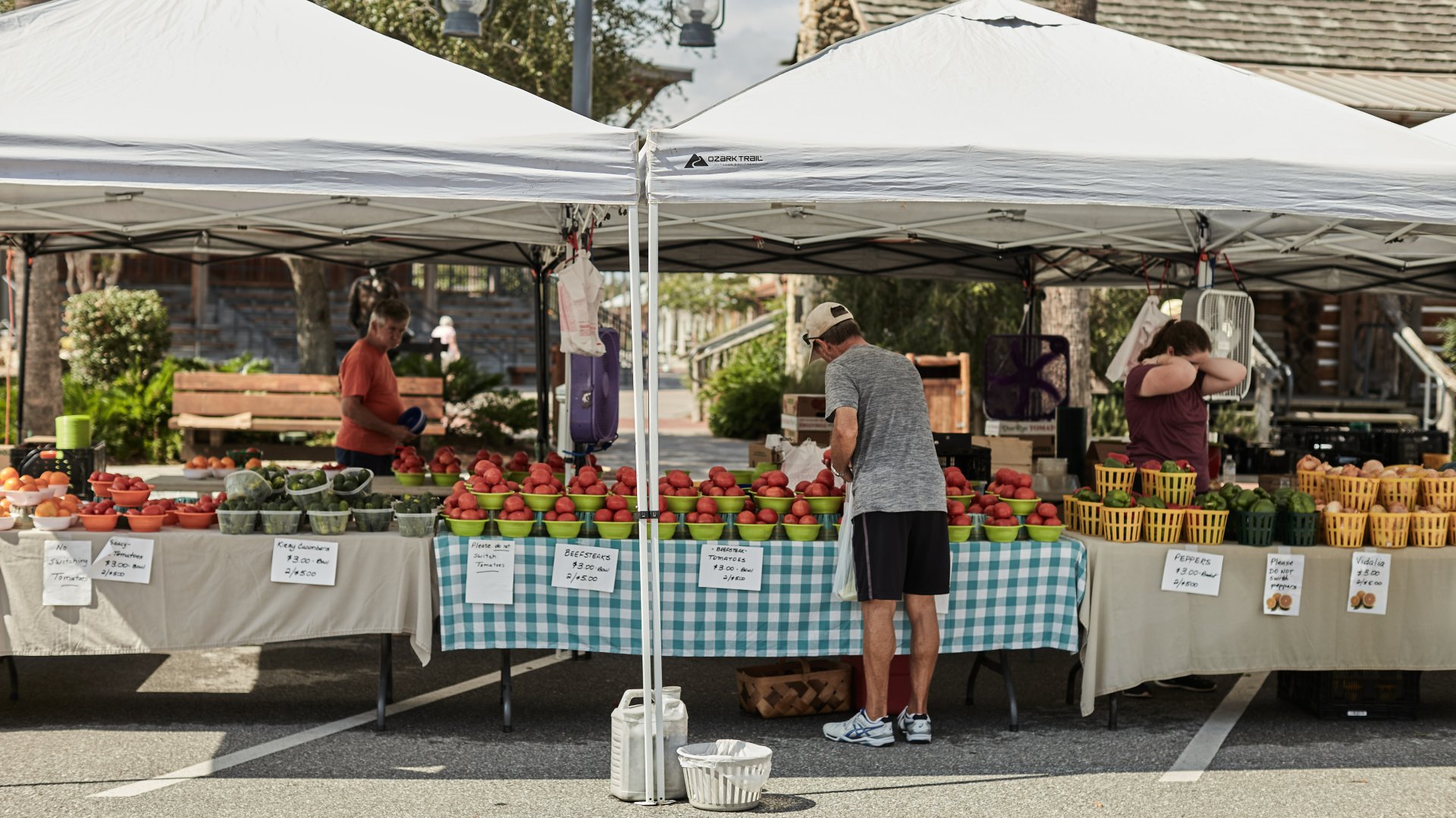 Two white pop-up canopies at a farmers market with tables full of fresh produce. A customer is shopping the table.