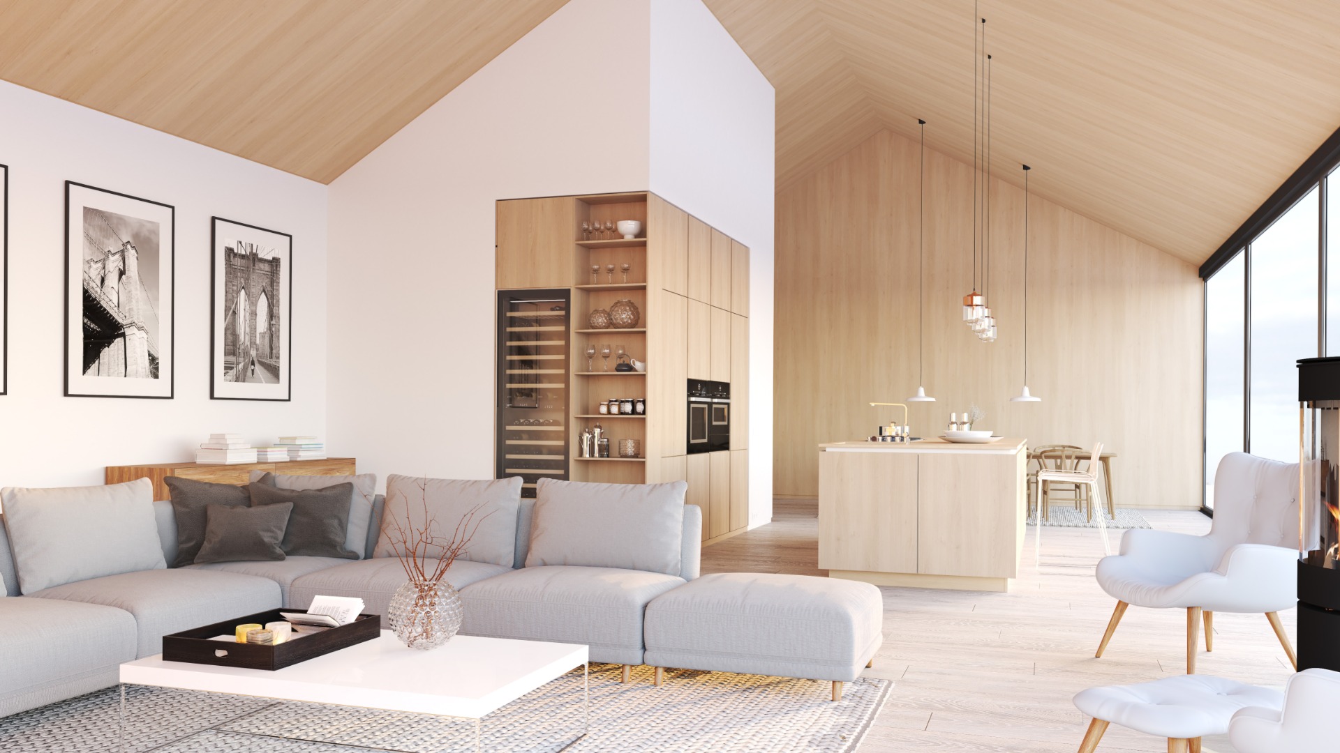 A wide angle view of a home with modern interiors and a neutral color palette. The wall is wood paneled.