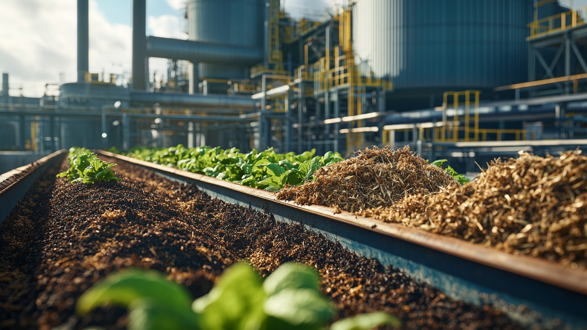 A biomass production facility in the background of a variety of sorting bins with wood chips, soil, and greenery.