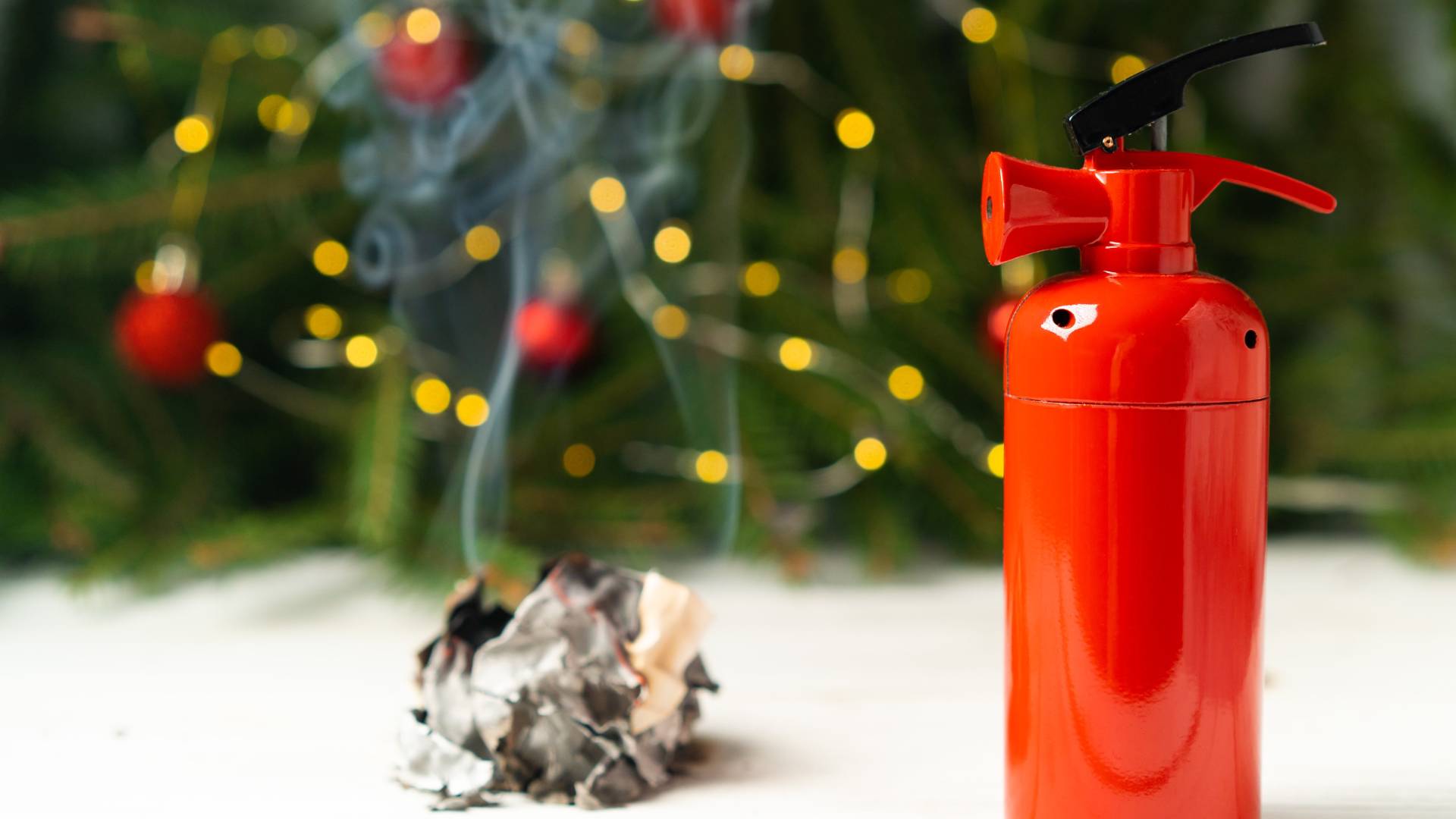 A fire extinguisher and a smoldering scrunched piece of paper are in the foreground with Christmas tree lights behind them.