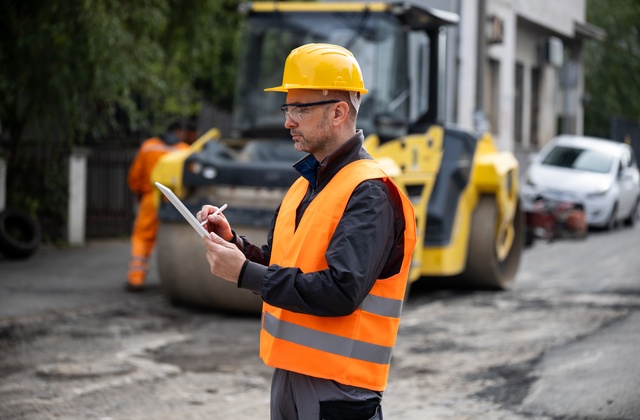 A heavy equipment operator stands with a clipboard in an orange safety vest and a hard hat. The steam roller is behind him.