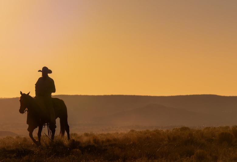 A cowboy in a wide-brimmed hat riding a horse across dry grass, with hills and an orange sky in the background.