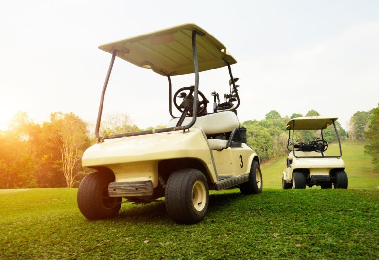 A pair of golf carts parked on the putting green. The sun is going down behind the tree line and the carts are older.
