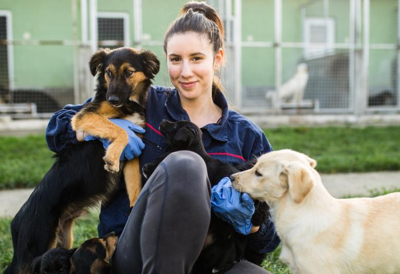 A female volunteer sits outside an animal shelter. One dog sits in her lap, one stands on her leg, and one stands beside her.