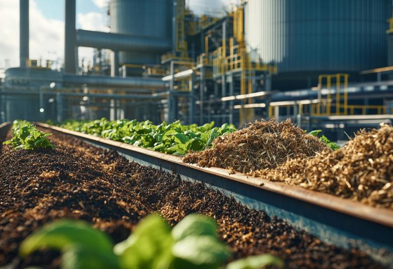 A biomass production facility in the background of a variety of sorting bins with wood chips, soil, and greenery.